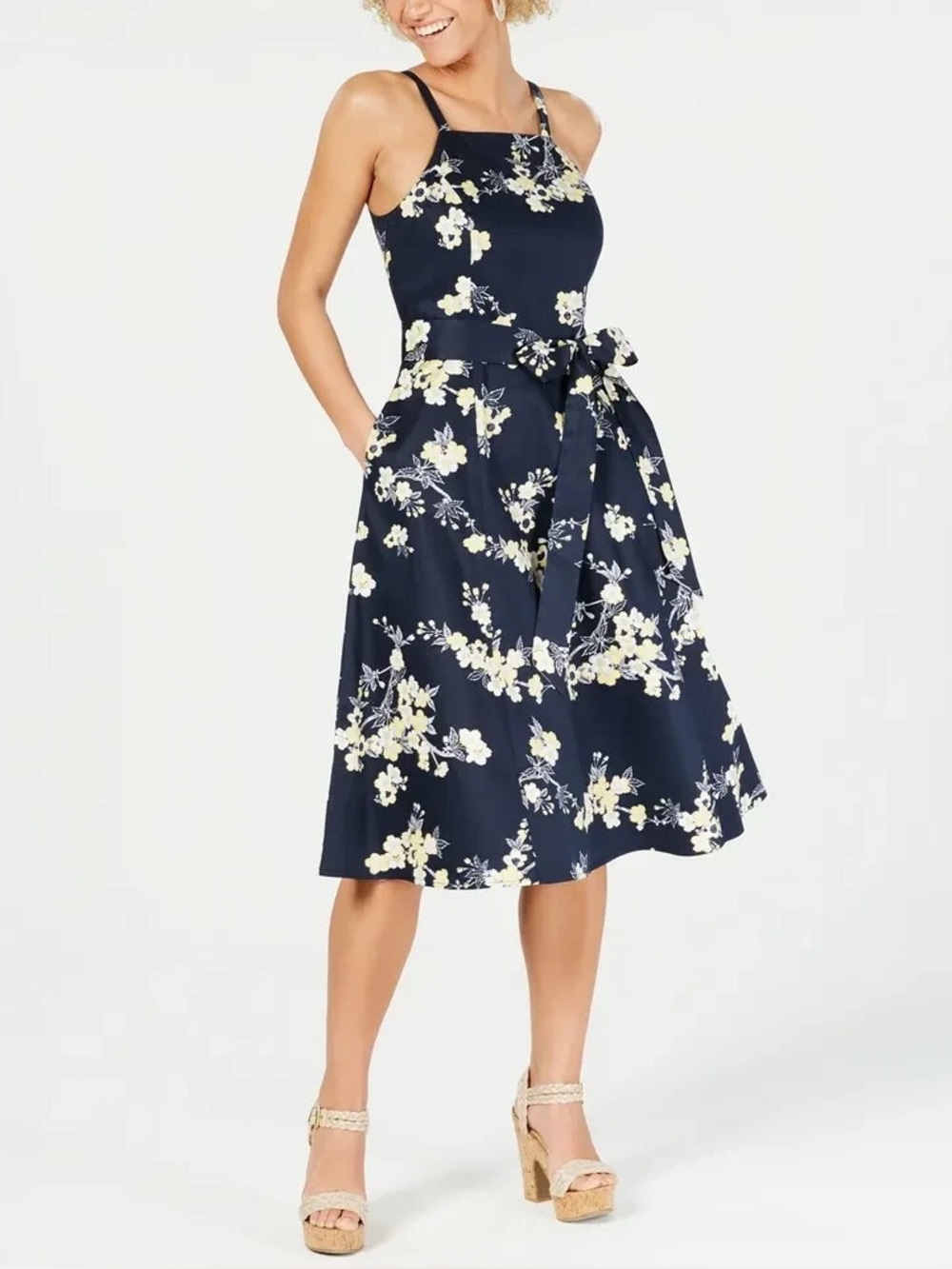 Rachael Roy Navy Floral Tie-Waist Sundress 20 W